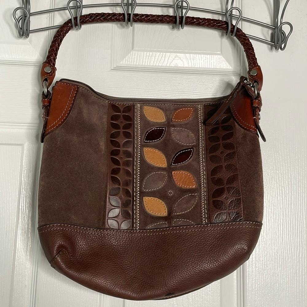 Fossil leather and suede shoulder handbag